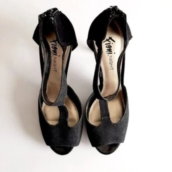 FIONI Night T-strap Black Shimmer Heels Shoes Sz 8 - Picture 2 of 8